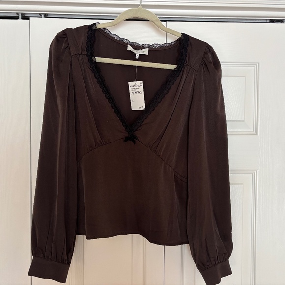 Wayf Longsleeve Brown Satin & Lace Blouse - Picture 1 of 6